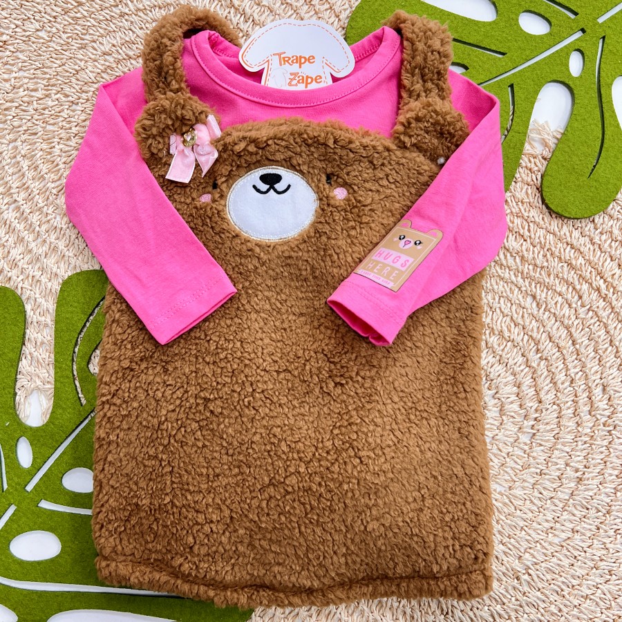 Inverno 2025 - Conj. Body Manga Longa e Salopete Ursinha com Pelinho Hugs Here - Marrom e Pink